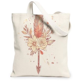 Generic Floral Arrowhead Canvas Tote Bags, Vintage Bohemian Feather Design Reusable Grocery Bags, Lightweight Washable Shoulder Strap Canvas for Travel Beach 