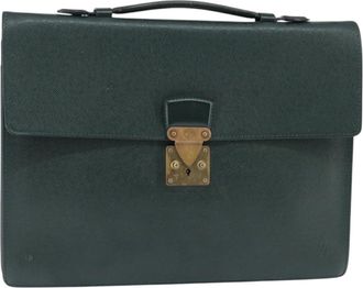 Louis Vuitton Serviette Kourad Briefcase Taiga Leather Green Leather Briefcase Bag (Pre-Owned)