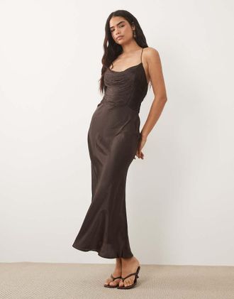 Asos Vestito midi color cioccolato con spalline sottili e frange drappeggiate-Marrone