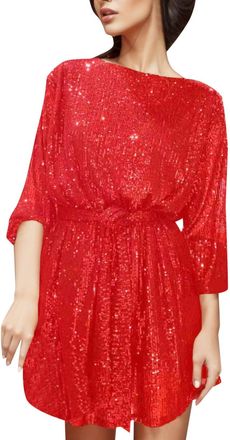 Generic Womens Elegant Sequin Long Sleeve Midi Dress with Defined Waist - Stylish Casual Sparkly Dress for Wedding Guest, Christmas Party, Prom, Evening Gowns