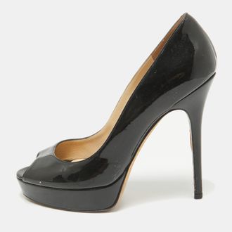 Jimmy Choo London Black Patent Leather Crown Peep Toe Pumps