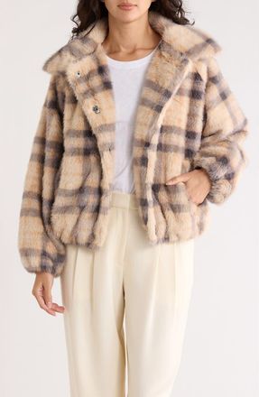 Democracy Plaid Faux Fur Bomber Jacket in Walnut/Shadow at Nordstrom Rack, Size X-Small