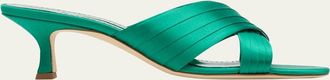 Manolo Blahnik Vieramul Pleated Satin Kitten-Heel Mule Sandals