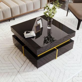 Merax 70cm Square High-Gloss Coffee Table with Two Drawers & Gold Accents in Black