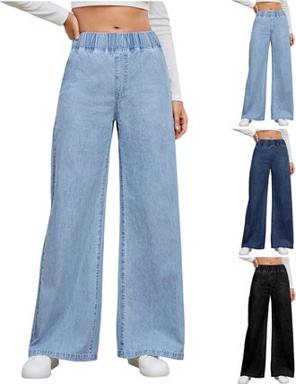 Generic Wide Leg Jeans for Women Elasticated Waist Pull On Jeans for Women UK Plus Size Loose Fit Straight Denim Pants with Pockets Stretchy Casual Palazzo Tr