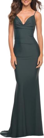 La Femme Luxe Simple Jersey Gown with Draped Neckline in Dark Emerald at Nordstrom, Size 14