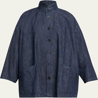 Eskandar Cotton Denim Angle To Front Double Stand Collar Jacket - Long Length