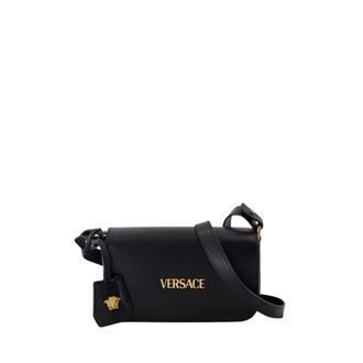 Versace Cross Body Bags, female, Black, Size: ONE SIZE Black Leather Crossbody Bag with Chain