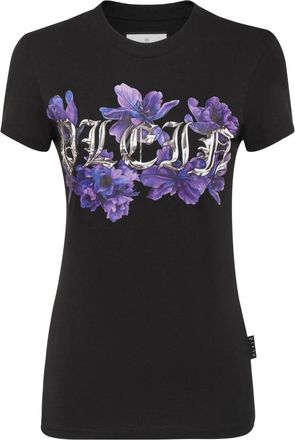 Philipp Plein T-shirt Ronde Hals Pure Fit Flowers - Dames - T-shirts - Zwart - XS - Katoen - Tops