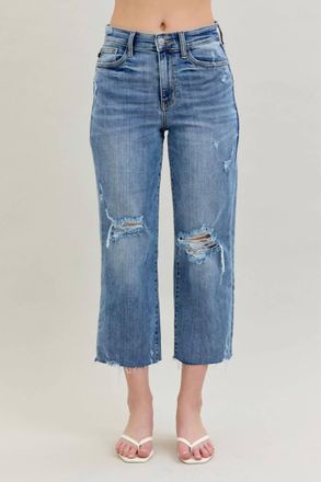 Judy Blue High Waist Destroy Wide Leg Crop Denim Jeans In Light Blue