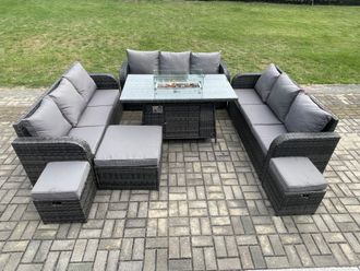 Fimous Outdoor Rattan Furniture Garden Dining Set Gas Fire Pit Table With Lounge Sofa 3 Footstool in Dark Grey
