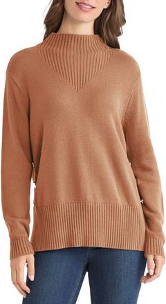 Jones New York Button Detail Rib Funnel Neck Sweater in Caramel at Nordstrom, Size X-Large