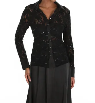 Frank Lyman Design Lina Lace And Sparkle Long Sleeve Blouse In Black