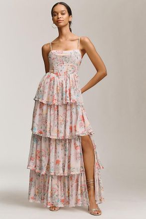 BHLDN Sleeveless Corset Floral Tiered Ruffled Maxi Dress