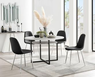 Furniturebox Adley Grey Concrete Effect Round Dining Table & 4 Corona Silver Chairs in Black