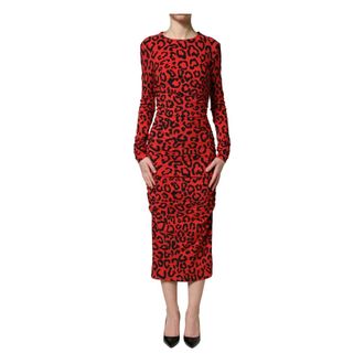 Dolce & Gabbana Midi Dresses, female, Red, Size: 2XS Leopard-Print Midi Dress