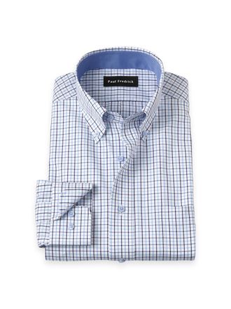 Paul Fredrick Tailored Fit Non-iron Cotton Windowpane Dress Shirt With Contrast Trim