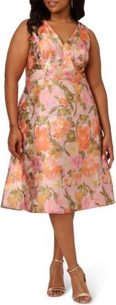 Adrianna Papell Floral Jacquard Midi Cocktail Dress in Yellow/Orange Multi at Nordstrom, Size 18W