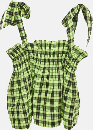 Ganni Ganni Neon Green/black Checks Cotton Blend Shirring Top