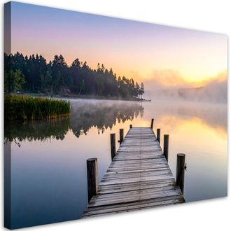 Feeby Cuadro En Lienzo, Vista Embarcadero Lago Bosque En La Niebla, 120x80