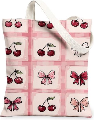 Generic Cherries Pattern Canvas Tote Bags, Stylish Bow Design Reusable Grocery Bags, Summer Lightweight Washable Shoulder Strap Can, Peach, 13x15 Inch