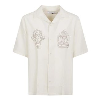 Maison Kitsun&eacute; Parisian Monuments Resort Shirt - Heren - Korte mouwen Overhemden - Beige - XL - Linnen - Overhemden