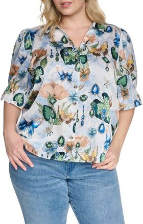 Karl Lagerfeld Printed Three-Quarter Sleeve Button Front Shirt in Soft White Multi at Nordstrom, Size 3X
