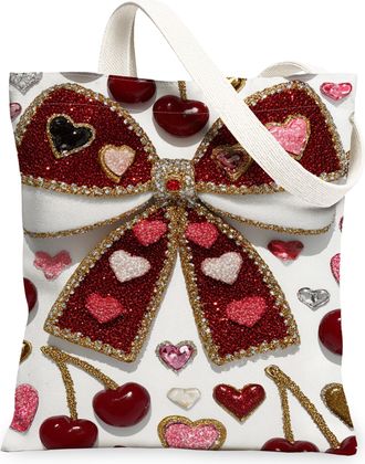 Generic Heart Design Canvas Tote Bags, Bow Pattern Reusable Shopping Bags, ValentineS Day Lightweight Washable Shoulder for Travel, White, 13x15 Inch