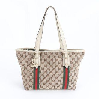 Gucci Beige Leather Canvas Handbag Tote Bag (Pre-Owned)