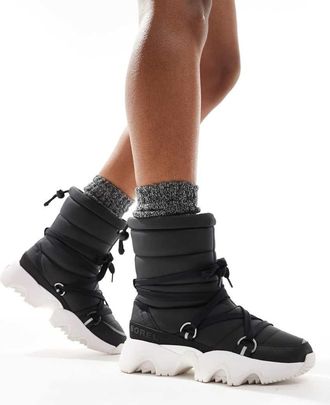 Sorel Kinetic Impact NXT WP waterproof fleece lined puffer snow boots in black and sea salt