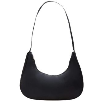 Generic Women Solid Color Nylon Tote Bag Lady Casual Crescent Shape Zipper Top-handle Bags Fashion Travel Phone Shoulder Bag (Black)