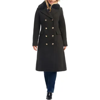 Vince Camuto Double Breasted Wool Blend Coat with Removable Faux Fur Collar in Olive at Nordstrom Rack, Size X-Large