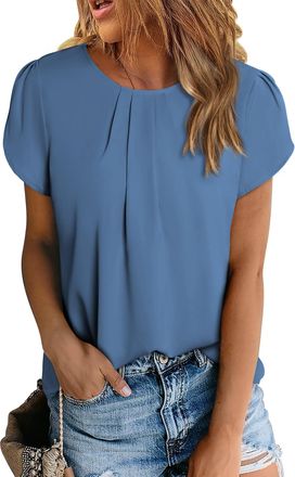 PrettyGarden Womens Tops 2025 Casual Summer Round Neck Short Sleeve Basic Pleated Loose Fit Blouses Plain Tunic Shirts, Dark Grey Blue, XXL