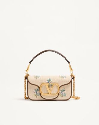 Valentino Garavani Valentino Garavani Loc&ograve; Small Linen Shoulder Bag with Embroidery Wo