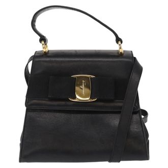 Ferragamo Vintage Vara Bow Top Handle Leather Black Leather Handbag (Pre-Owned)