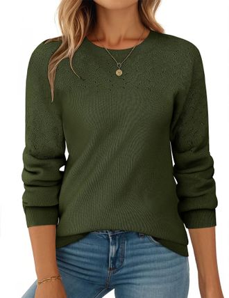 Zeagoo Womens Jumper Casual Lantern Long Sleeve Crewneck Sweaters Solid Color Crochet Knit Loose Pullovers Tops Army Green XXL