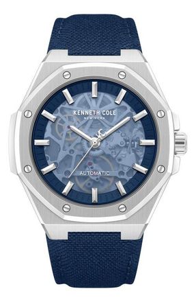 Kenneth Cole Benson Skeleton Automatic Nylon Strap Watch, 42mm in Blue at Nordstrom