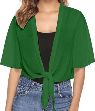 Generic Bolero Cardigans for Women Summer Chiffon Shrugs Causal Half Sleeve Bolero Jackets Lightweight Tie Front Cardigan Sheer Crop Jacket Shawl Tops Party W