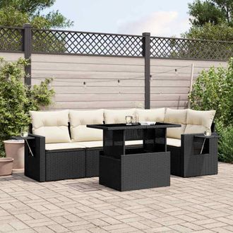 vidaXL Vidaxl - Set De Sof&aacute;s De Jard&iacute;n 6 Piezas Y Cojines Rat&aacute;n Sint&eacute;tico Negro