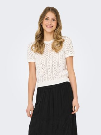 Only Kurzarmpullover ONLY ONLSAGA LIFE SS O-NECK KNT NOOS, Damen, Gr. XL, cloud dancer, Strick, Obermaterial: 70% Baumwolle, 30% Polyester, unifarben, regu