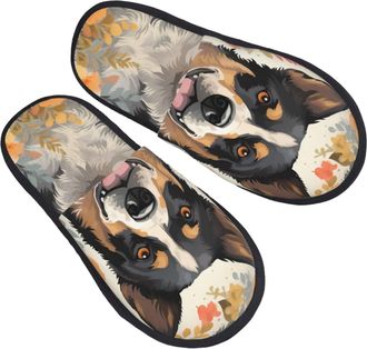 Generic Plush Slippers Cattle Dog Flowers Portable Fleece Slippers Warm Anti-Slide Slipper For Men Spa Bedroom L