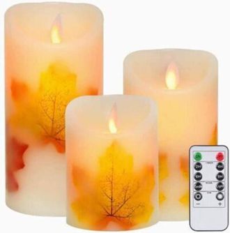 OEM Juego De 3 Velas Led Con Forma De Hoja De Arce, Blanco C&aacute;lido, Sin Llama, Funcionan Con Pilas, Con Mecha Parpadeante, Con Mando A Distancia Y Temporiz