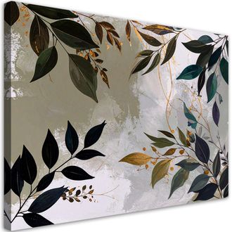 Feeby Cuadro En Lienzo, Hojas Verdes De Plantas Sobre Fondo Gris, 100x70