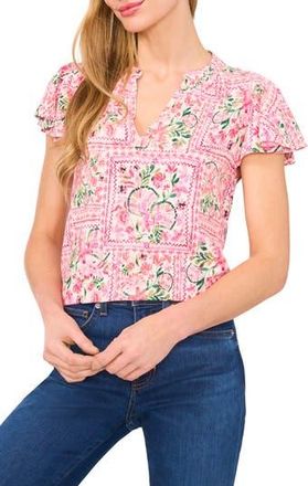 CeCe by Cynthia Steffe Floral Flutter Sleeve V-Neck Challis Top in New Ivory at Nordstrom Rack, Size Medium