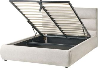 Beliani Slatted Bed Frame Grey Linen Fabric Upholstered Plastic Legs Ottoman Storage 4ft6 EU Double Size Modern Design BONIFACIO