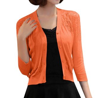 Generic Short Cardigans for Women UK Elegant V Neck Button Down Ladies Cropped Cardigan 3/4 Sleeves Lightweight Comfortable Hollow Out Knit Sweater Solid Colo