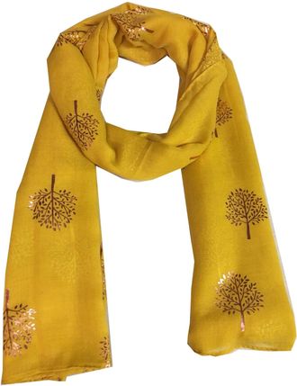 World of Shawls Silver Foil Mulberry Tree Print Fashion Scarf (Mustard With Pink Foil Mulberry Tree)