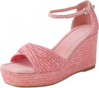 Django & Juliette Womens Buckled Ankle Strap Wedge Sandals In Pink Raffia