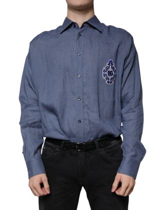 Dolce & Gabbana Mens Blue Logo Long Sleeve Button Down Casual Shirt Flax