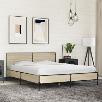 vidaXL Estructura Cama Madera Ingenier&iacute;a Metal Roble Sonoma 150x200 Cm Vidaxl